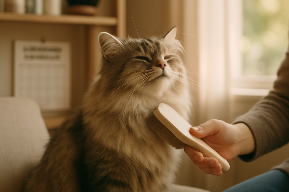 A person grooming a long-haired cat in a sunny room, illustrating proper care techniques.
