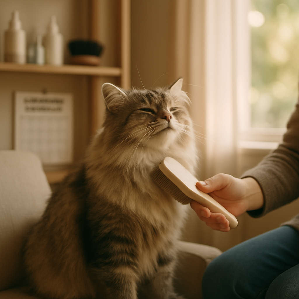 A person grooming a long-haired cat in a sunny room, illustrating proper care techniques.