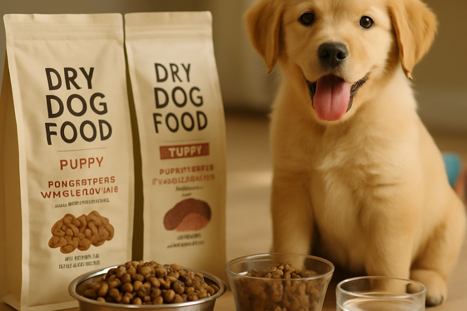 A puppy surrounded by various healthy dry dog food options and feeding accessories, emphasizing