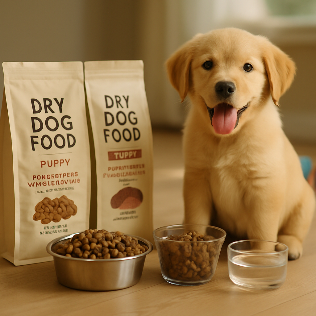A puppy surrounded by various healthy dry dog food options and feeding accessories, emphasizing