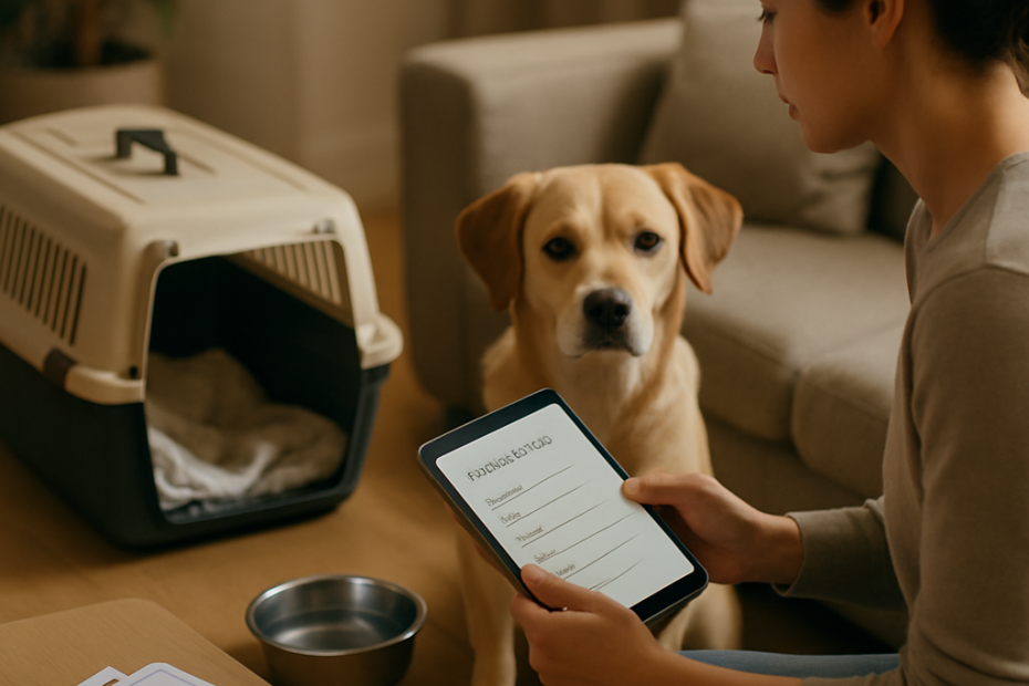 An organized and calm scene depicting a pet owner preparing their dog for a