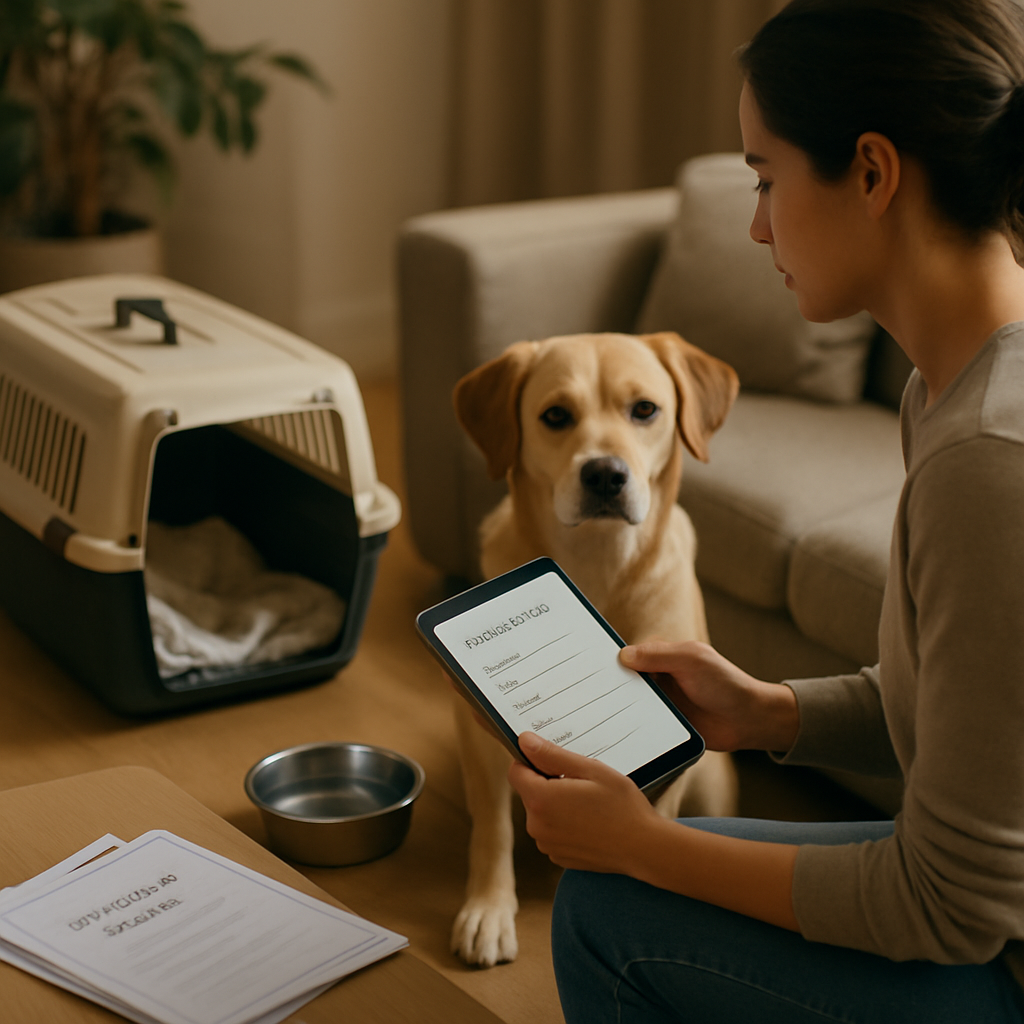 An organized and calm scene depicting a pet owner preparing their dog for a