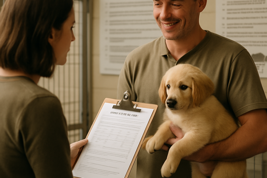 A person talking to a responsible dog breeder while examining a puppy and relevant