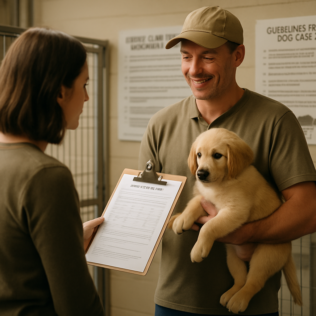 A person talking to a responsible dog breeder while examining a puppy and relevant