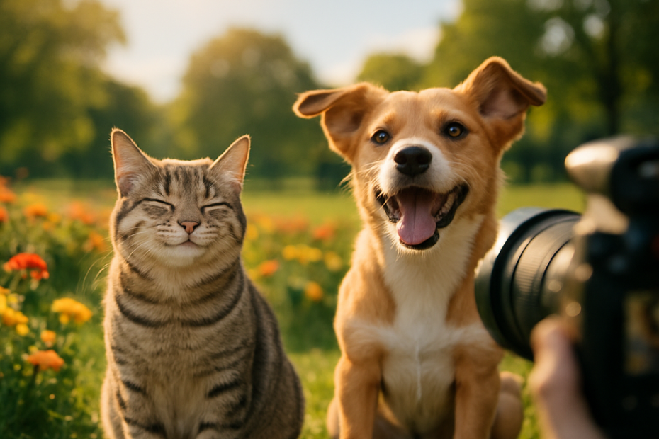 A sunny outdoor photoshoot featuring a cat and dog in a park, highlighting their