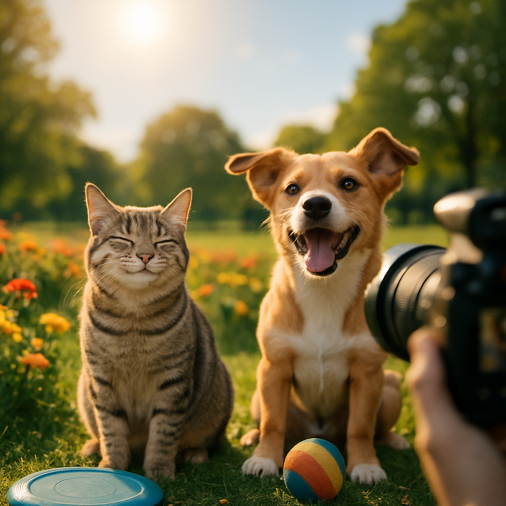 A sunny outdoor photoshoot featuring a cat and dog in a park, highlighting their