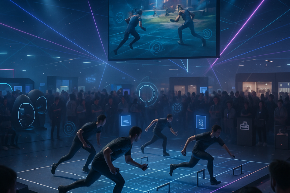 Hybrid arena at Kazan’s Games of the Future: athletes using controllers on a lit