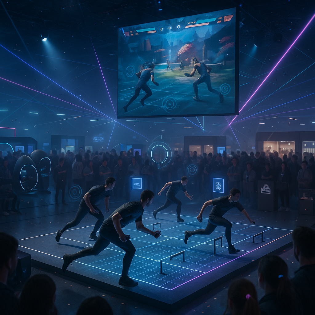 Hybrid arena at Kazan’s Games of the Future: athletes using controllers on a lit