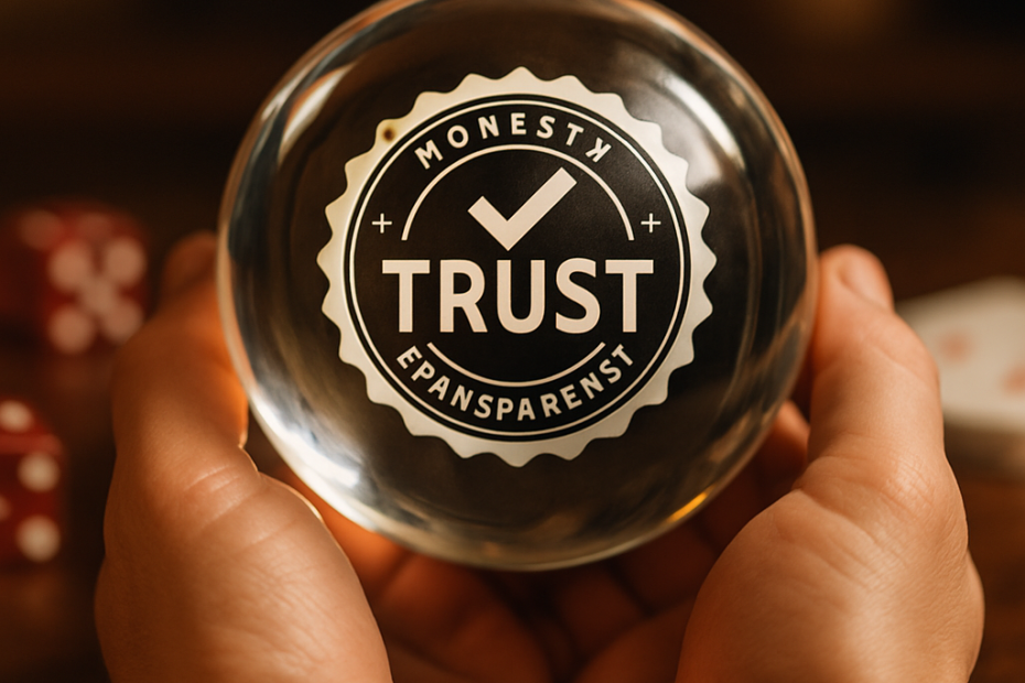 Hands holding a crystal ball representing trust in gambling services, with a glowing trust