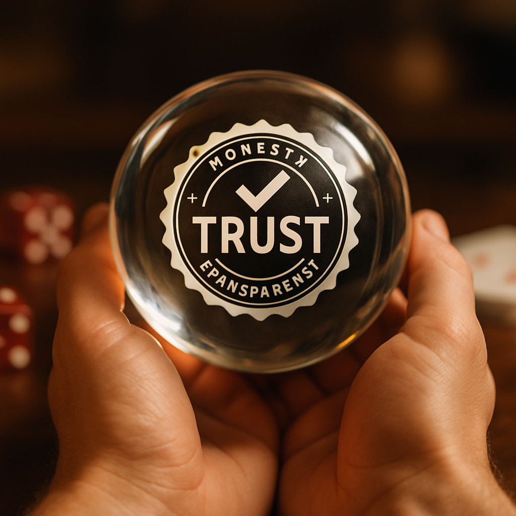 Hands holding a crystal ball representing trust in gambling services, with a glowing trust